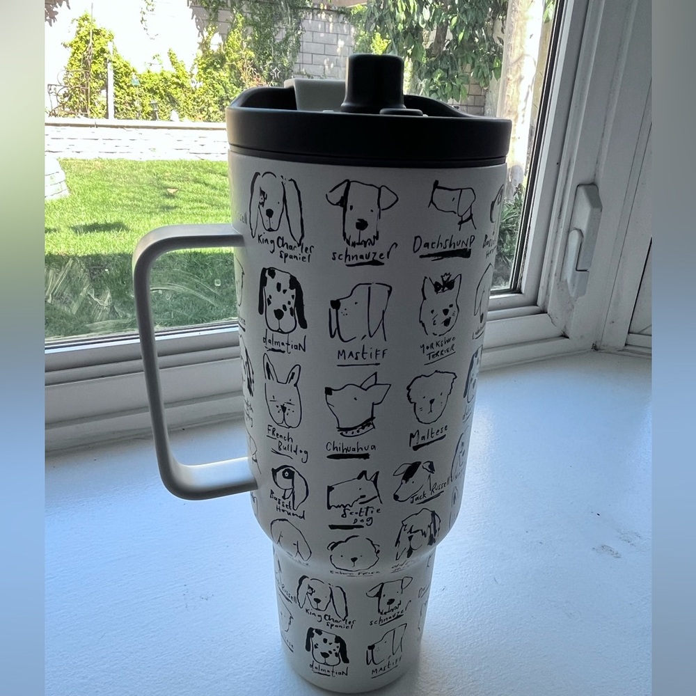 Cost Plus World Market White Insulated Travel Tumbler with Black Dog Sketches